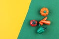 Plastic vegetable models on a green and yellow background, top view