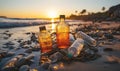 Plastic waste on beach.Spilled garbage on the beach of the big city. Empty used dirty plastic bottles. Dirty sea sandy