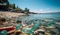 Plastic waste on beach.Spilled garbage on the beach of the big city. Empty used dirty plastic bottles. Dirty sea sandy