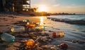 Plastic waste on beach.Spilled garbage on the beach of the big city. Empty used dirty plastic bottles. Dirty sea sandy