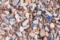 Plastic waste covers and garbage on pebble seashore after storm, closeup view. Royalty Free Stock Photo