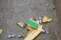 A plastic waste on the floor in the rain in the garbage boat Royalty Free Stock Photo