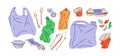 Plastic waste, garbage set. Compressed crumpled trash, rubbish, litter. Used packages, squeezed bottle, creased bag