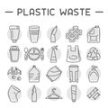 Plastic waste icons set