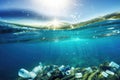 Plastic waste, litter and garbage pollute underwater ocean, Generative AI