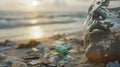 Plastic waste litters a pristine beach, harming marine life and degrading the coastal ecosystem, AI generated