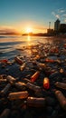 Plastic waste and refuse blight sandy coastline, reflecting beach pollutions environmental toll