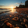 Plastic waste and refuse blight sandy coastline, reflecting beach pollutions environmental toll