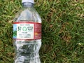 Plastic water bottle close up on green grass nature environment concept