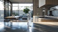 a plastic water bottle placed on a table against the backdrop of a modern kitchen, envisioning the house of the future.