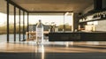 a plastic water bottle placed on a table against the backdrop of a modern kitchen, envisioning the house of the future.