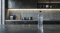 a plastic water bottle placed on a table against the backdrop of a modern kitchen, envisioning the house of the future.