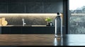 a plastic water bottle placed on a table against the backdrop of a modern kitchen, envisioning the house of the future.