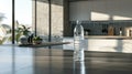 a plastic water bottle placed on a table against the backdrop of a modern kitchen, envisioning the house of the future.