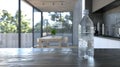 a plastic water bottle placed on a table against the backdrop of a modern kitchen, envisioning the house of the future.