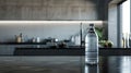 a plastic water bottle placed on a table against the backdrop of a modern kitchen, envisioning the house of the future.