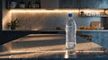 a plastic water bottle placed on a table against the backdrop of a modern kitchen, envisioning the house of the future.