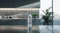 a plastic water bottle placed on a table against the backdrop of a modern kitchen, envisioning the house of the future.