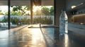 a plastic water bottle placed on a table against the backdrop of a modern kitchen, envisioning the house of the future.