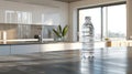 a plastic water bottle placed on a table against the backdrop of a modern kitchen, envisioning the house of the future.