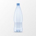 Plastic water bottle. Realistic container for mineral or soda drinks, blue empty package with cap for different liquids