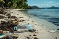 Plastic Water Bottle on Sandy Beach with Waves and Lush Greenery Royalty Free Stock Photo