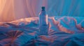 Plastic water bottle sits on top of sheets, plastic water bottle sits on bed lit by blue and purple light Royalty Free Stock Photo