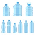 Plastic water bottles. Flat containers different capacities for liquids, beverages advertisement service delivery water