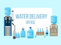 Plastic water delievery bottles vector illustration. Different sizes of cartoon containers for water, coolers and