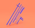 Plastic Weapon series, Japanese traditional weapons, Indigo blue arm in pinkish background, 3d rendering, war, battle and self