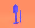 Plastic Weapon series, soldier shovel and commando knife, Indigo blue arm in pinkish background, 3d rendering, war, battle and