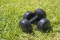 Plastic weights on green grass outdoors
