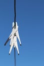 White plastic clothespins clothes pegs hanging from twisted wire laundry line Royalty Free Stock Photo