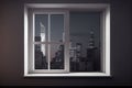 plastic window, with view of busy city skyline, is part of modern and minimalist interior