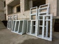 Makhachkala, Dagestan, RUS - December 07, 2019 Prepared for installation plastic windows and doors are folded at the building