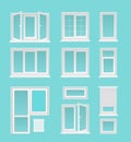 Plastic windows flat vector illustrations set. House interior, exterior decor elements, Modern architecture, glazing