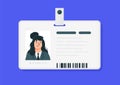 Plastic woman id cards. Vector. Car driver license isolated on a blue background. Flat cartoon style. Student, corporate pass