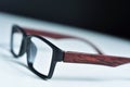 Plastic and wooden rimmed eyeglasses Royalty Free Stock Photo
