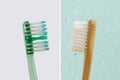 Plastic and wooden toothbrush - Concept of ecology and plastic pollution problem