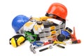 Plastic workbox with assorted tools. Royalty Free Stock Photo