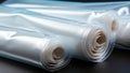 Plastic wrap roll, food wrap, or pliofilm is a thin plastic film typically used for sealing food items in containers to Royalty Free Stock Photo