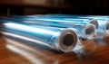 Plastic wrap roll, food wrap, or pliofilm is a thin plastic film typically used for sealing food items in containers to Royalty Free Stock Photo