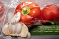 Plastic wrapped red pepper, half clove of garlic and lettuce cucumber in a plastic container Royalty Free Stock Photo