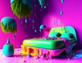 Plasticine bedroom with bed with plants, paint drips, beautiful colors, perfect poster for a furniture showroom, AI Generated