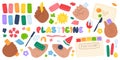 Plasticine flat icons set. Creative hobby. Handicraft. Making different figures by hands. Colorful sculptures