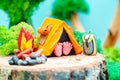 Plasticine landscape with a tent, a campfire and a backpack in the middle of the forest