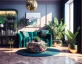 Plasticine living room with sofa, plants and bookshelf, poster for a furniture showroom or for an interior designer, AI Generated Royalty Free Stock Photo
