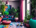 Plasticine living room with sofa, plants and painting, paint drips, beautiful colors, furniture showroom, AI Generated Royalty Free Stock Photo