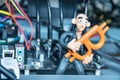 Plasticine man in a computer with bitcoin Royalty Free Stock Photo