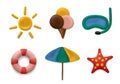 Plasticine modeling summer objects. Clay artwork sea or marine sun objects fishes palm tree kids sculpt education decent